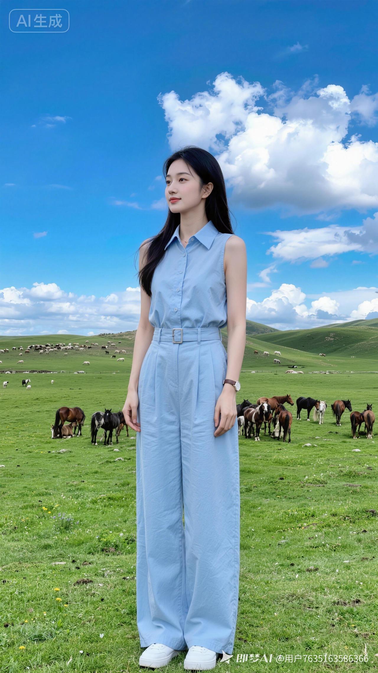 青茵草原辽阔舒展，蓝衣少女亭亭而立，灵动马群悠然相伴，流云轻盈漫舞晴空，山野清风