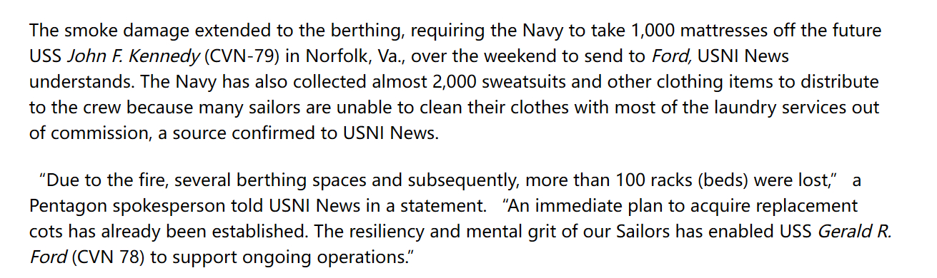 “协调一下”火灾造成的烟熏损坏波及住舱区域烧毁了600个以上宿舍床铺，海军已于周