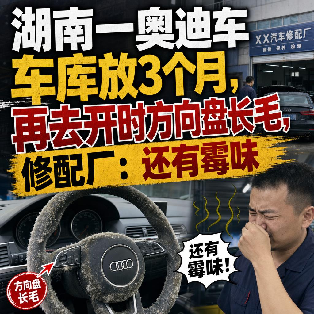 方向盘还能长毛？很多人觉得车停车库里最安全，风吹不到雨打不着，可湖南株洲这辆奥迪