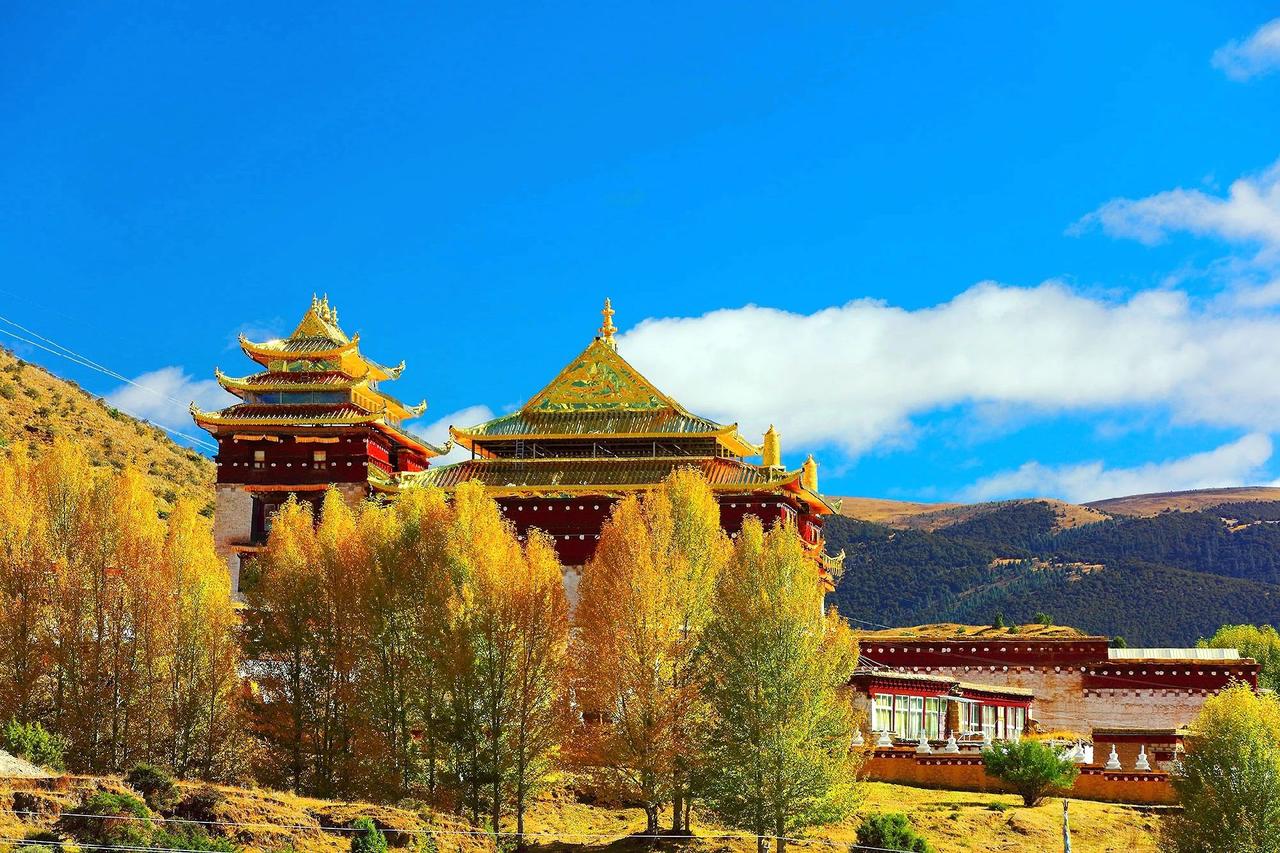 川西的秋色寺院，大有“秋山古寺隐云间，落叶萧萧满径闲。钟磬声悠禅意绕，尘心涤净不