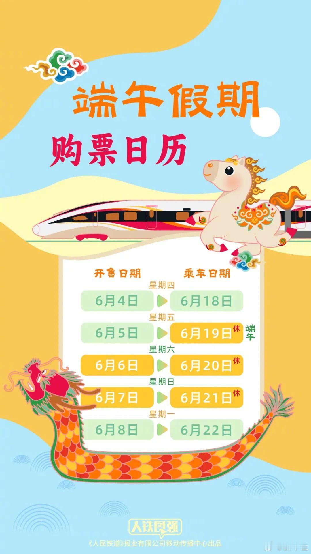 【端午假期首日火车票明日开售】明天（6月5日）端午假期首日（6月19日）火车票将