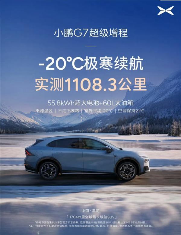 满油满电能跑一个月！何小鹏-20℃冬测：小鹏G7超级增程续航1108.3公里 