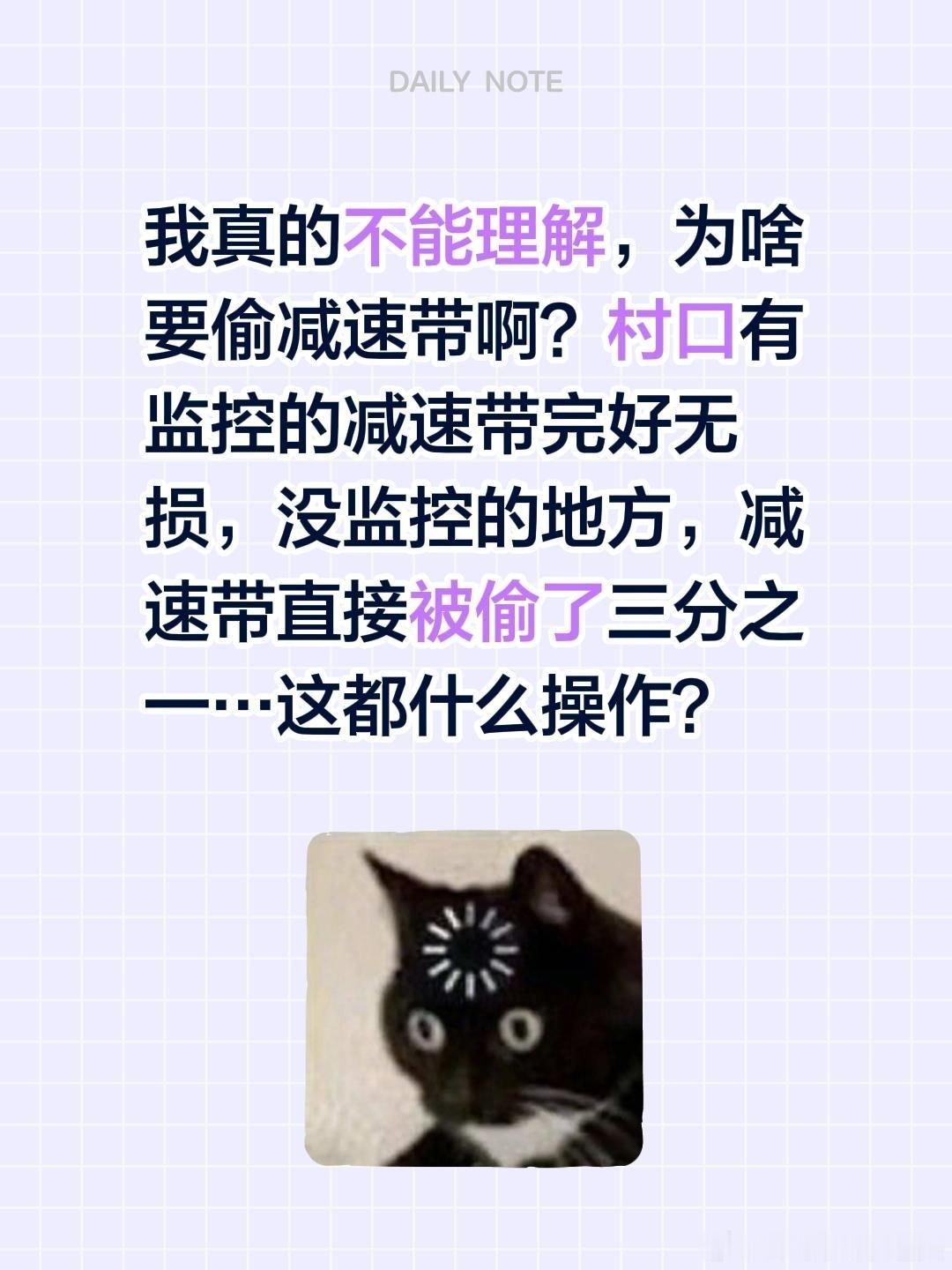 我真的不能理解，为啥要偷减速带啊？村口有监控的减速带完好无损，没监控的地方，减速