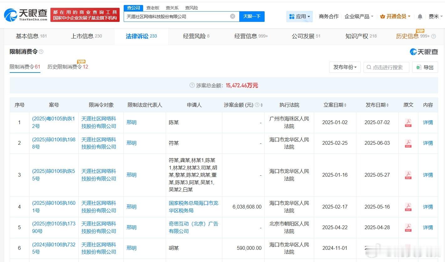 【天涯社区已被多次限消天涯社区参保人数8年缩水97%】据媒体报道，6月1日，天涯