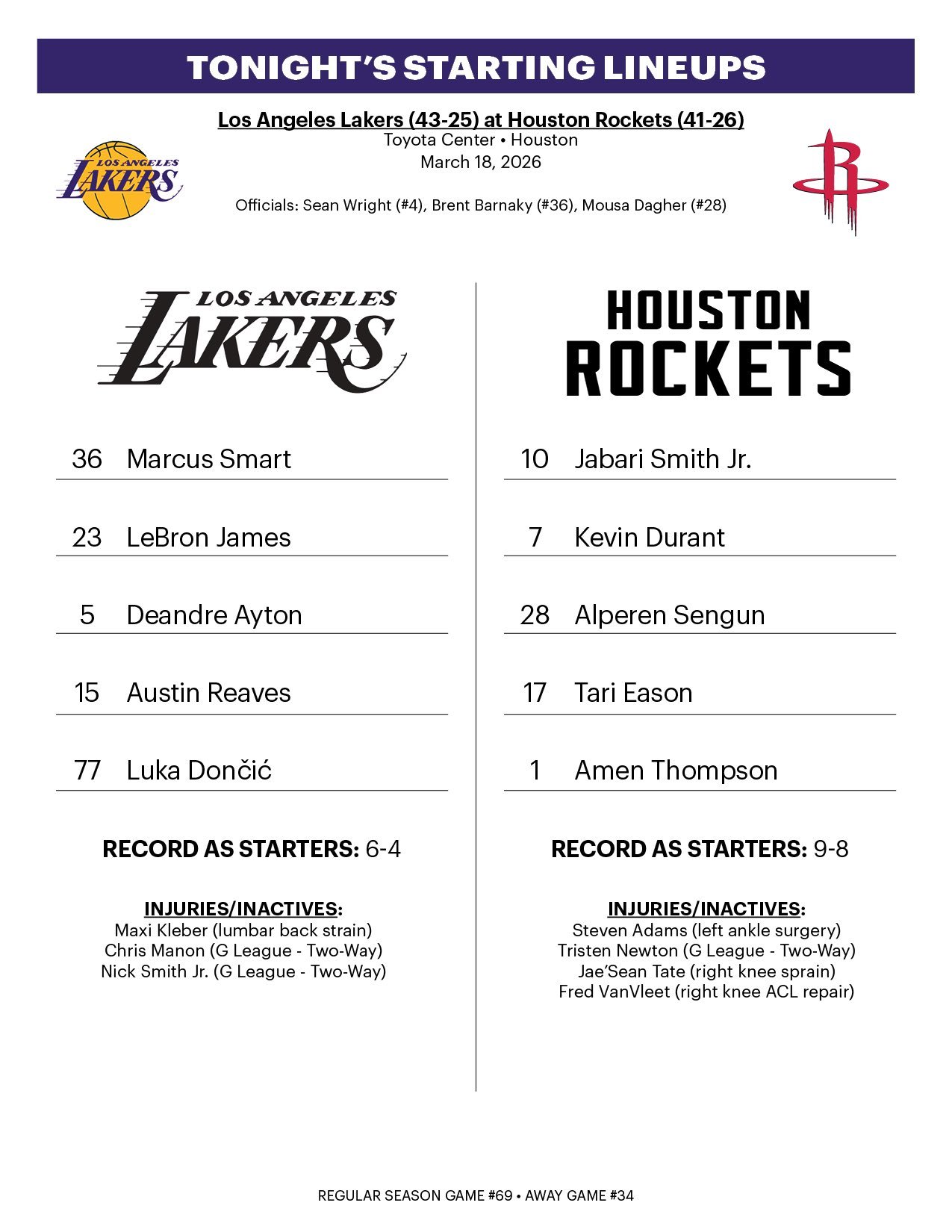 湖人首发不变，对面申京复出湖人vs火箭