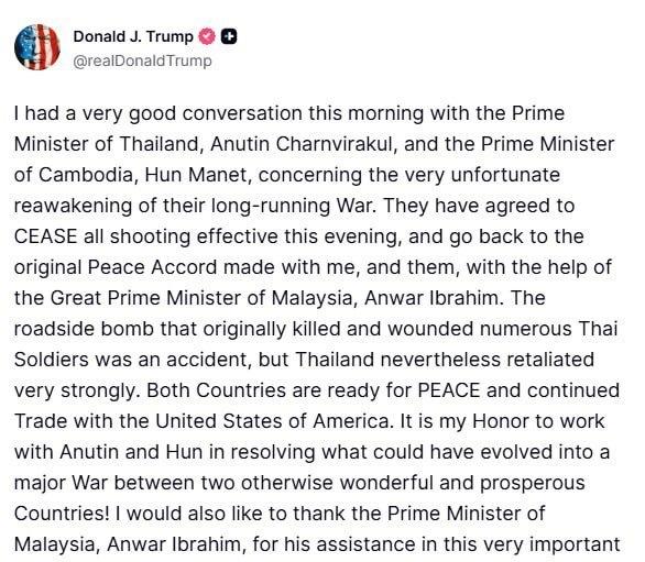 特朗普声称泰国与柬埔寨同意停火，并恢复原有和平协定。 ​​​