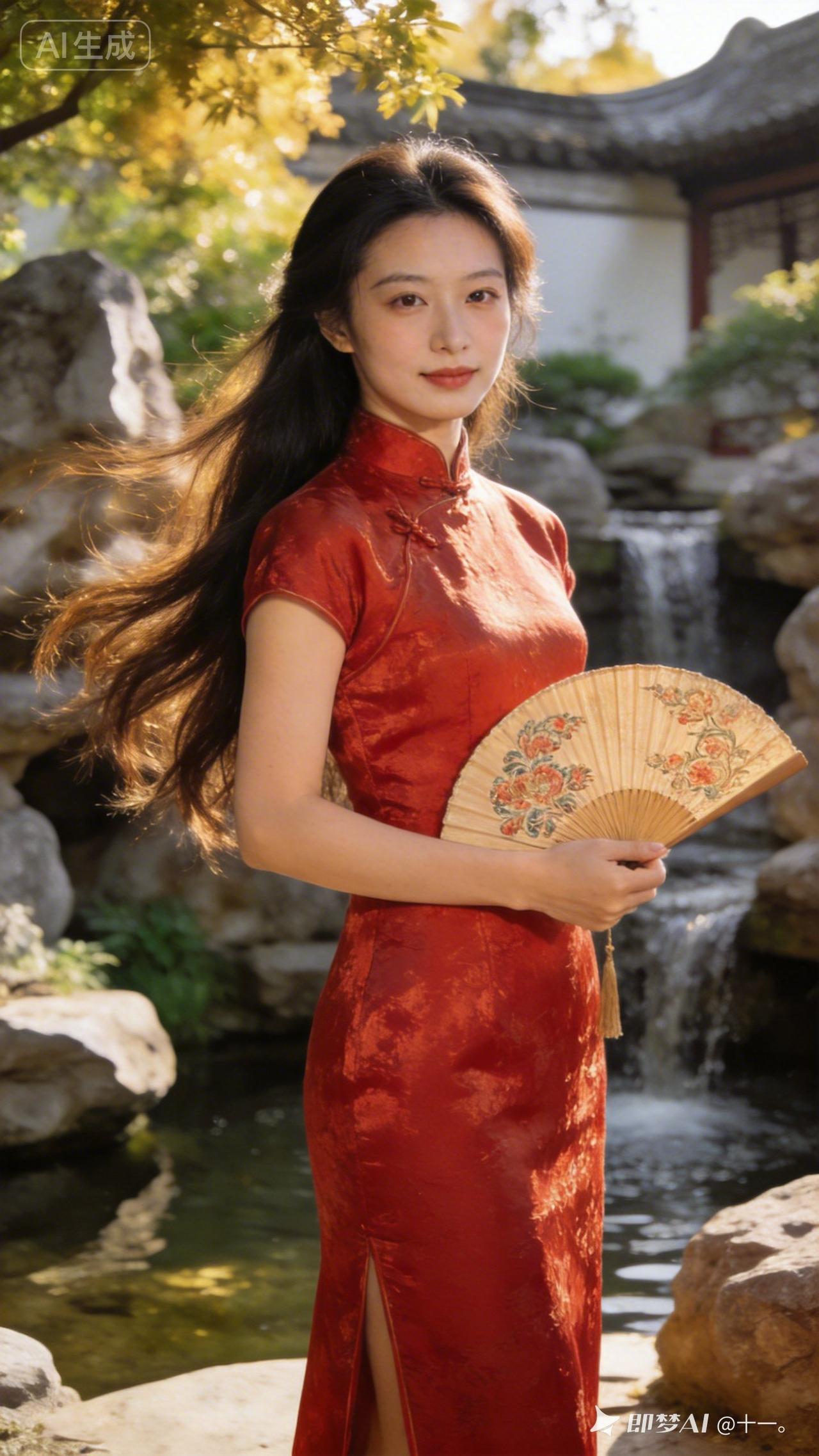 红衣女子手持团扇，漫步在古典园林中，宛如画中人。