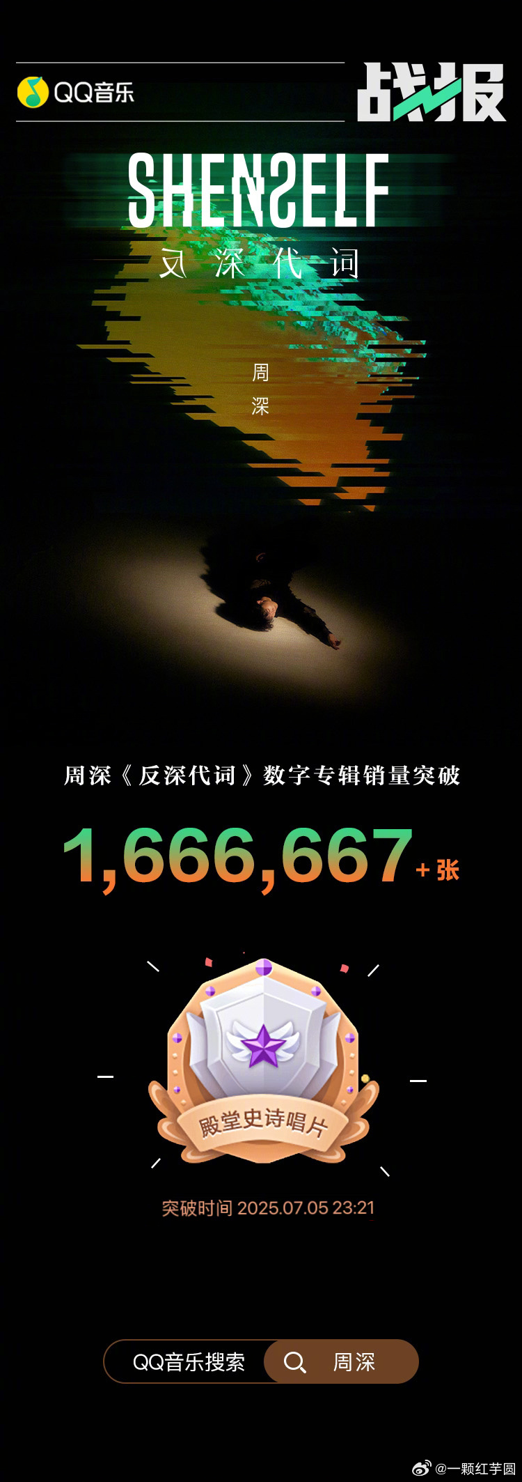周深 个人专辑「反深代词」在QQ音乐销售量已突破1,666,667+张，达成【殿