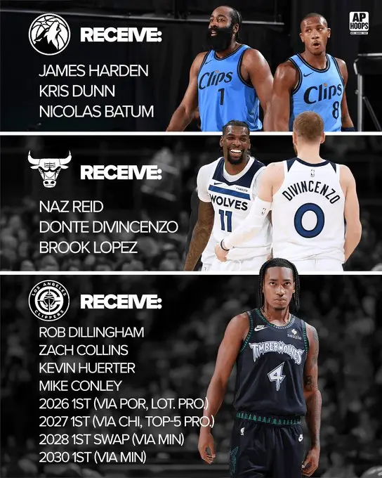 美媒APHoops更新动态，晒出交易模拟图：森林狼得到：哈登、邓恩、巴图姆公牛得