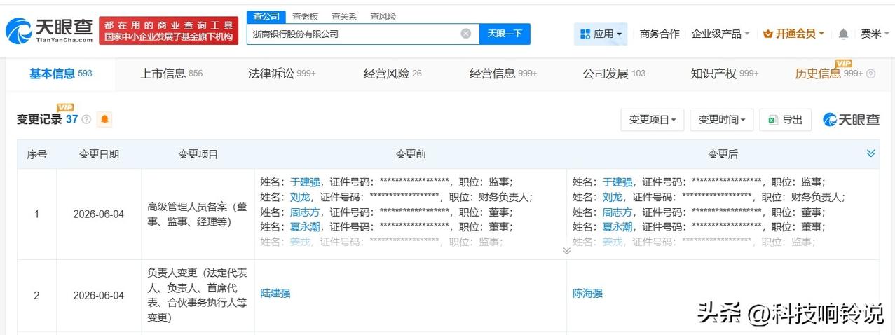 【陈海强任浙商银行董事长 浙商银行换帅完成工商变更】
天眼查App显示，近日，浙