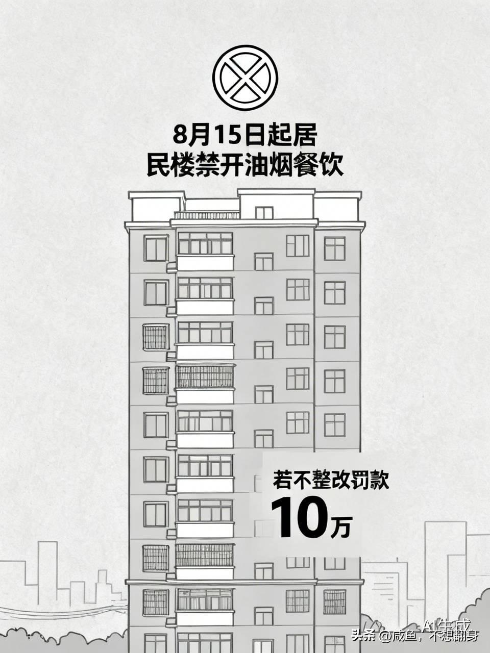 8月15日起，就不能在居民楼里面开有油烟的餐饮了。如果不整改，罚款10万。
很多