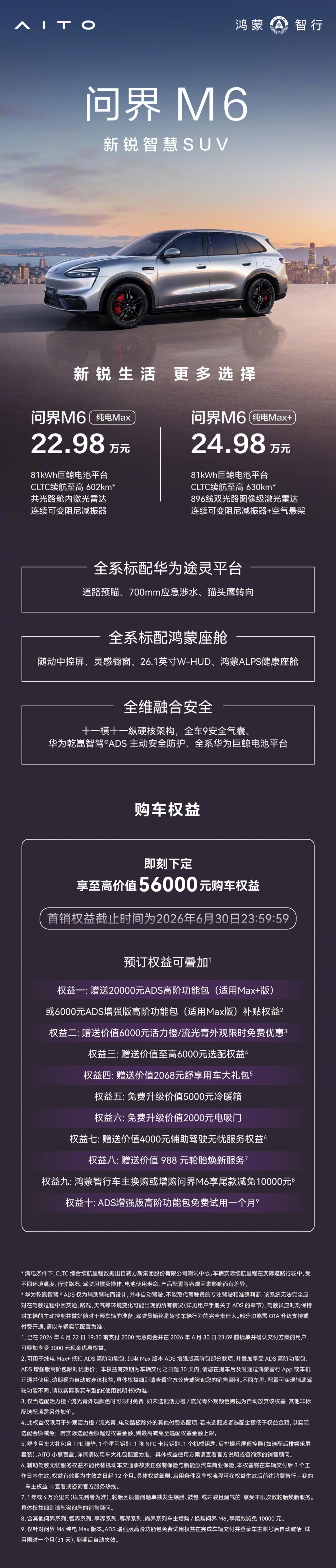 问界M6新版本上市，22.98万和24.98万，购车门槛降低3万，配81度电+C