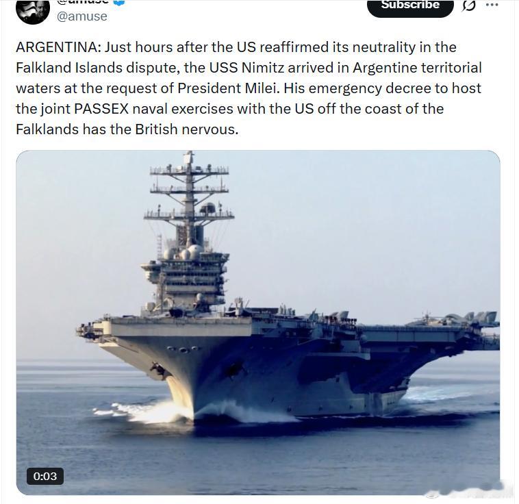 就在美国重申在福克兰群岛（马尔维纳斯群岛）争端中保持中立的数小时后，“尼米兹”号