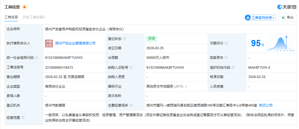 5亿，扬州产发壹号并购基金成立