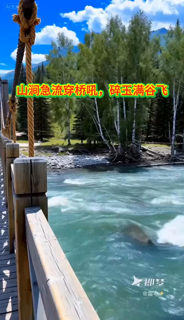 山涧急流穿桥吼，碎玉满谷飞。