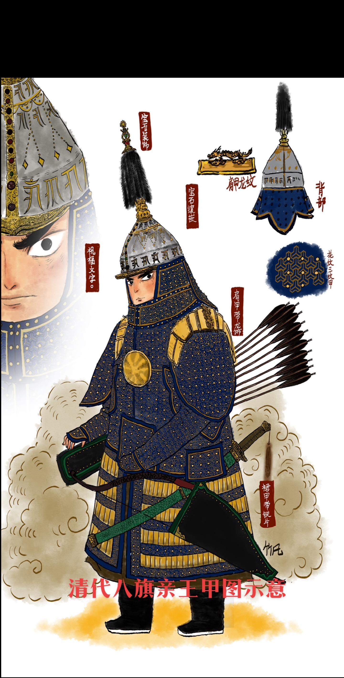清代亲王棉甲手绘图稿分享。清 亲王甲胄 （棉甲）花纹为三纹甲样式底部为石青锦布，上部嵌入铆钉连接，肩部护甲有浮雕龙纹样式，裙甲镶嵌外置金属片。头盔部分镶嵌宝石，并嵌写梵文三层，顶部红绒。整体样式参考《皇朝礼器图式》