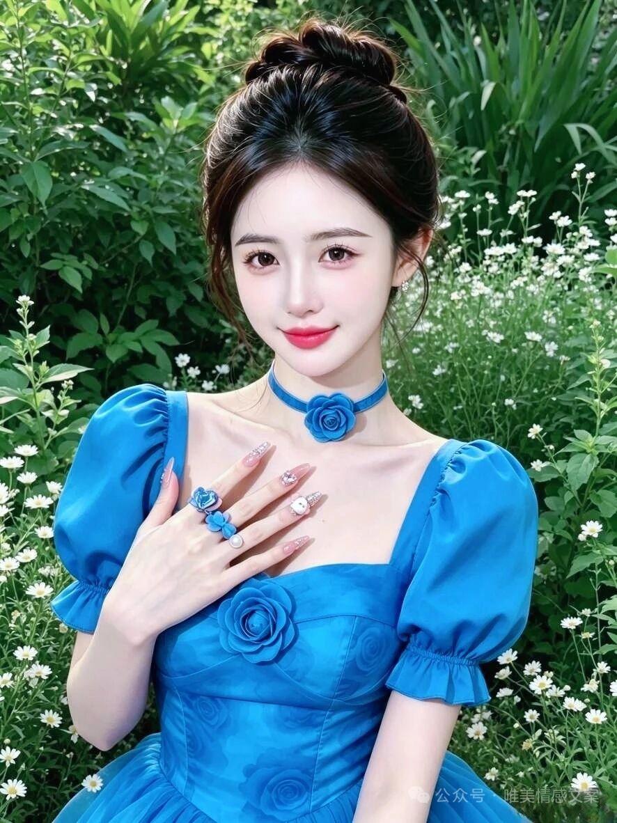 梦幻蓝裙公主，宛如从童话中走出的甜美少女。淡蓝纱裙，那是浪漫的象征。发间细辫配同