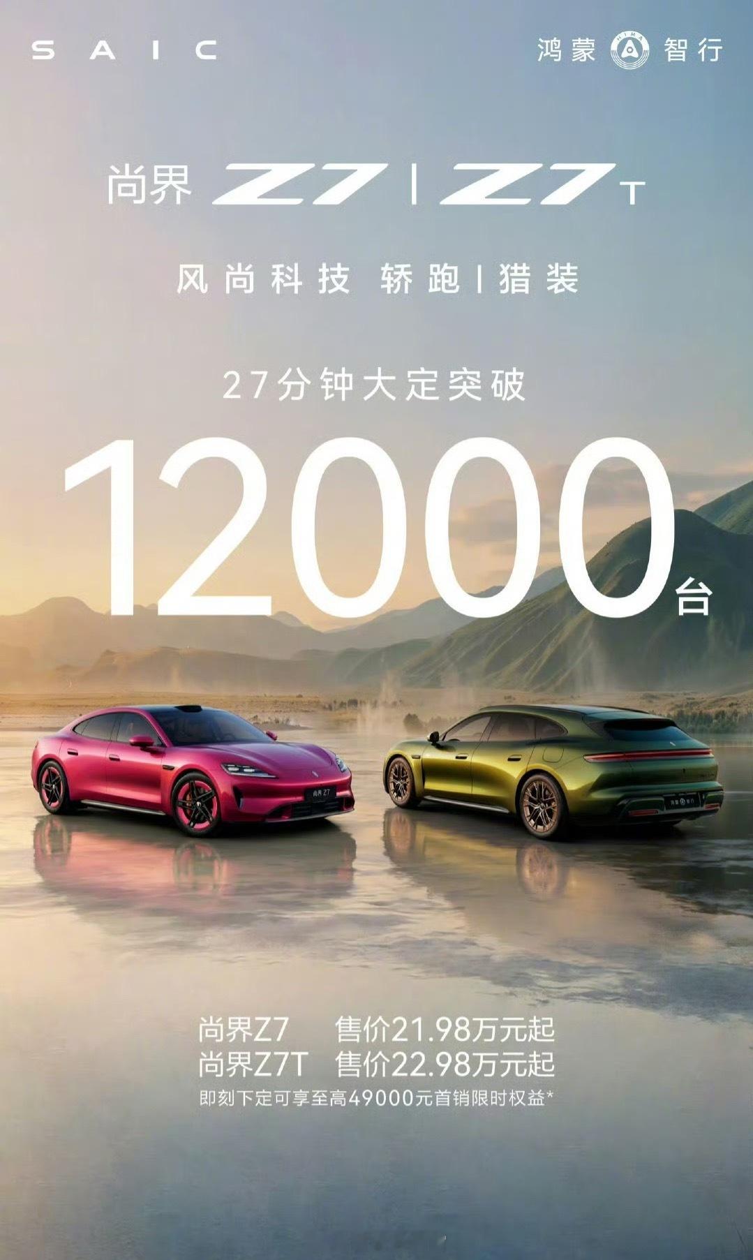 尚界 Z7 / Z7T 两款新车 27 分钟大定破 1.2 万台。 尚界z7t3