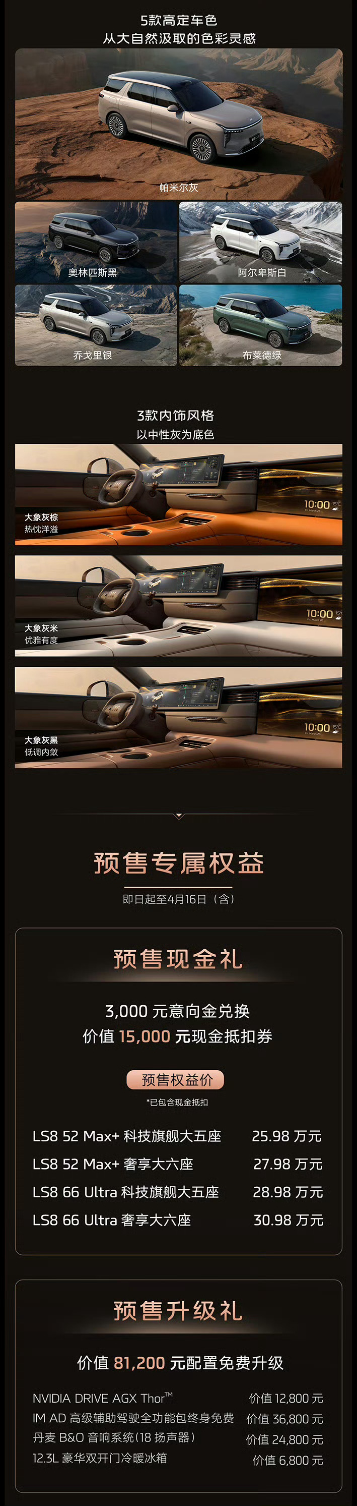 智己LS8正式开启预售，25.98万元起，这配置和价格我觉得挺有冲击力。双向四轮