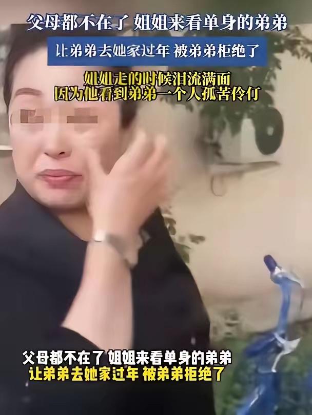 父母都不在了，姐姐来看单身的弟弟，让弟弟去她家过年被弟弟拒绝了。姐姐离开时泪流满