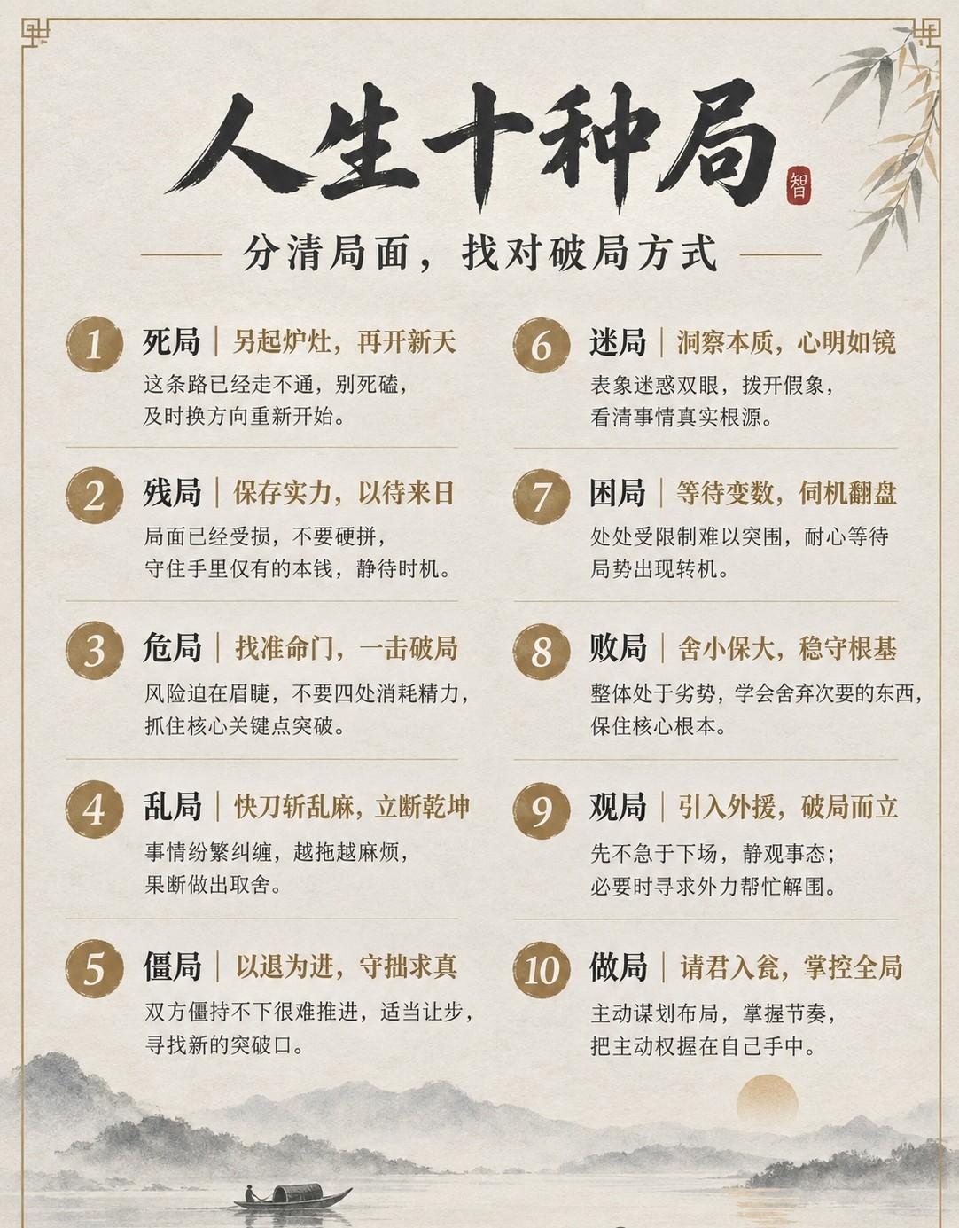 人生十局，辨明态势，找准破局路径：
死局莫莽撞冲撞，僵局别无谓执拗，乱局先理清头