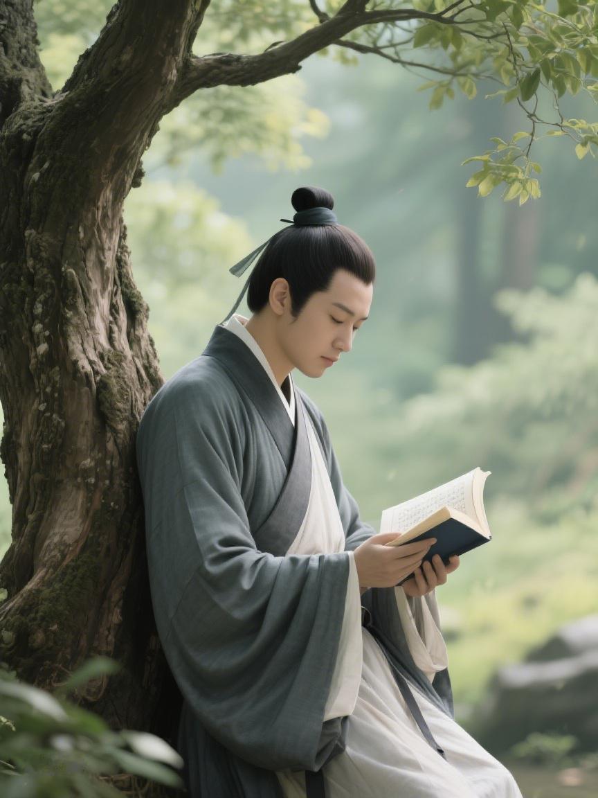 AI妙生图于树下静读，书香融入绿意，时光在此刻慢下，思绪随书页飘远，多美好呀