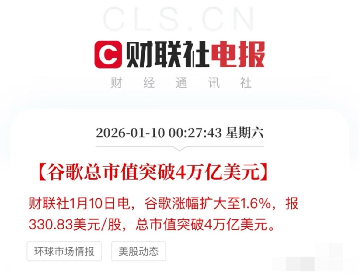 就在2026年1月10日，谷歌股价上涨超1%，盘中总市值突破4万亿美元。凭借这一