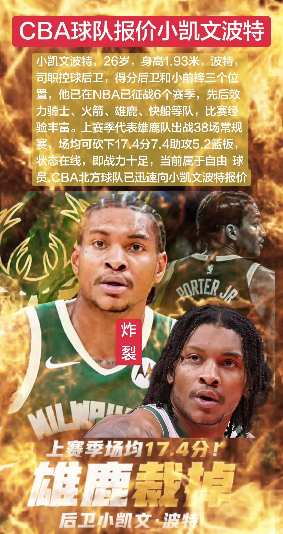 小凯文波特，26岁，身高1.93米，波特，司职控球后卫，得分后卫和小前锋三个位 