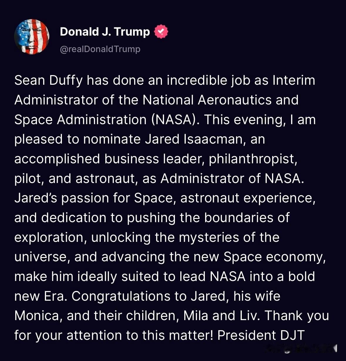 特朗普提名艾萨克曼为NASA局长，马斯克兴奋转发

“肖恩·达菲作为美国国家航空