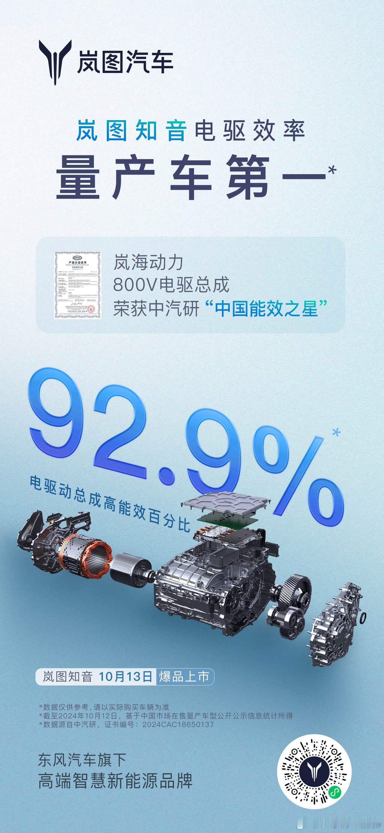 中汽研认证中国“能效之星”岚海动力800V电驱总成高能效百分比92.9%，量产车