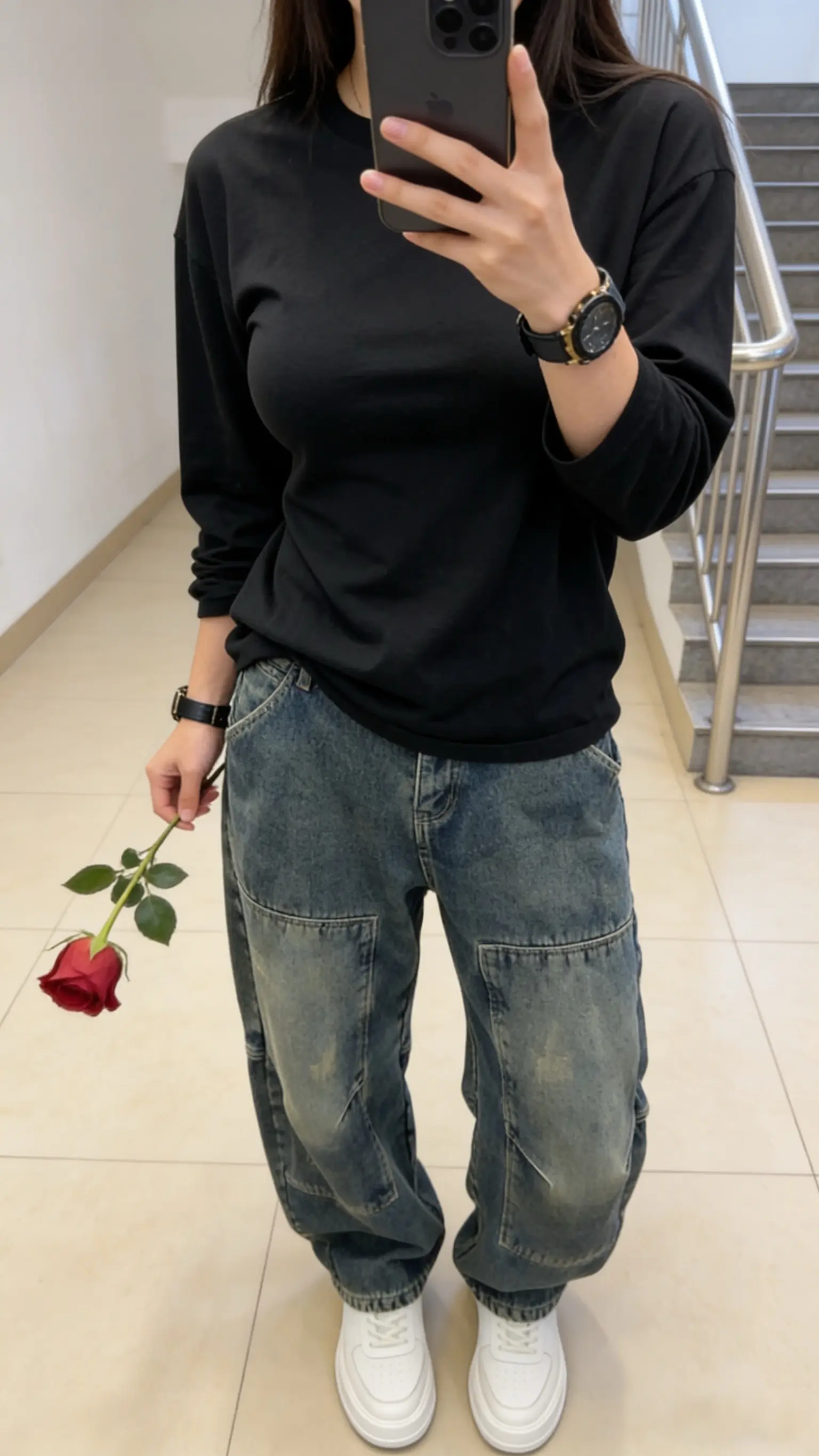 男士复古牛仔裤拼接渐变色宽松直筒裤春秋潮流港风百搭休闲裤         ✓