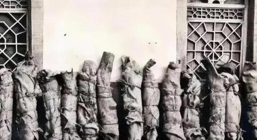 1937年，被马家军残害后，红军师团级干部的遗体，排成一排，被捆了起来，放在墙边