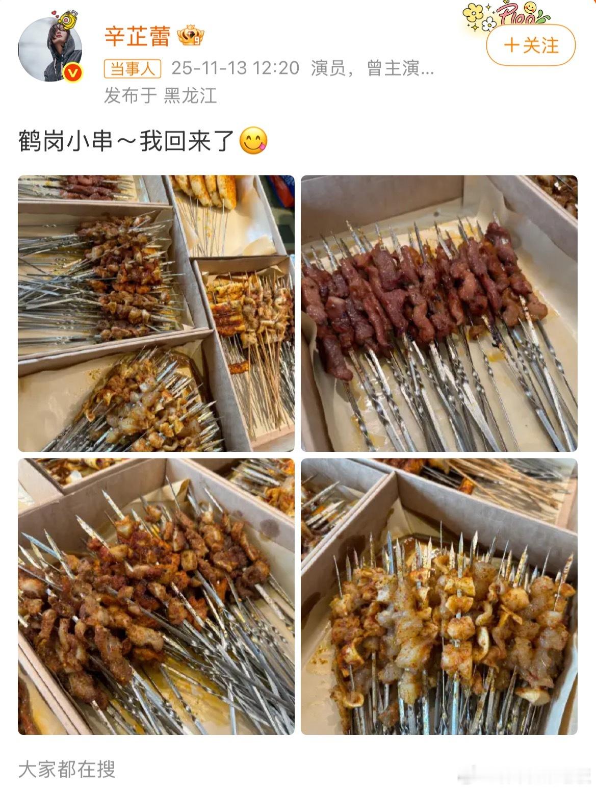 谁懂啊！被辛芷蕾发的鹤岗小串狠狠种🌿了！炭烤滋滋冒油好香啊，已经在查去鹤岗的车