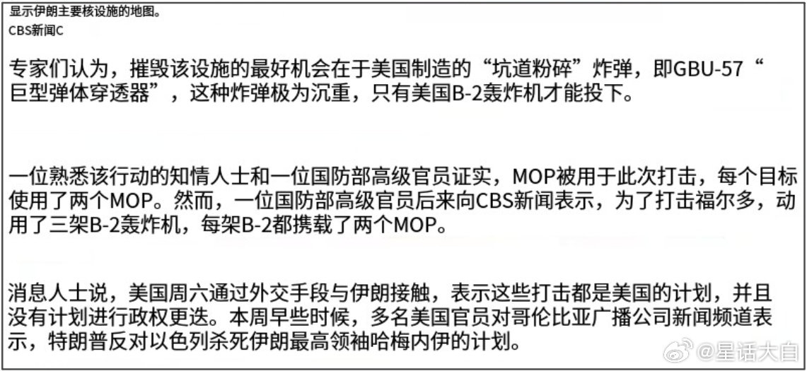 #伊朗宣布中东美军为合法目标##伊媒发布福尔多核设施遭袭后画面#美国CBS新闻报