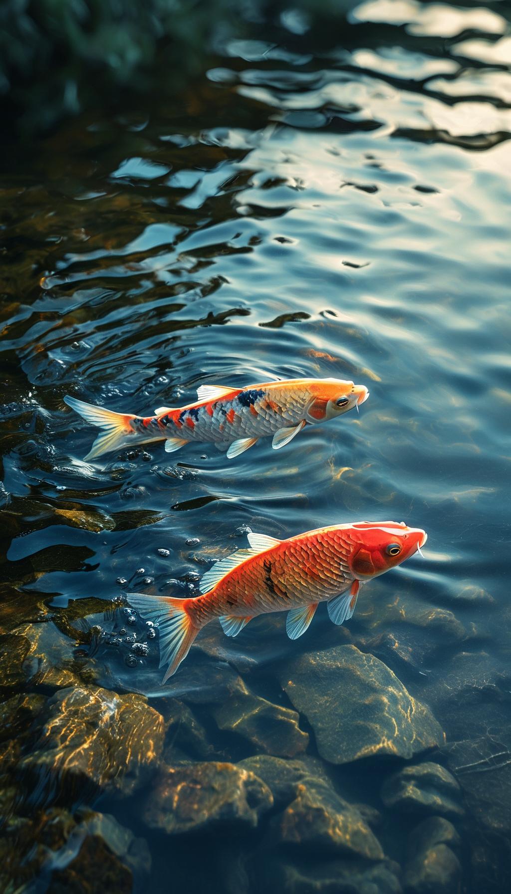 自制壁纸，水面上的红花鱼，南通东城