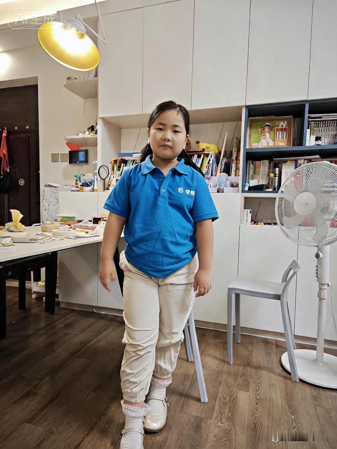 一个小孩站在房间里，看着镜头。