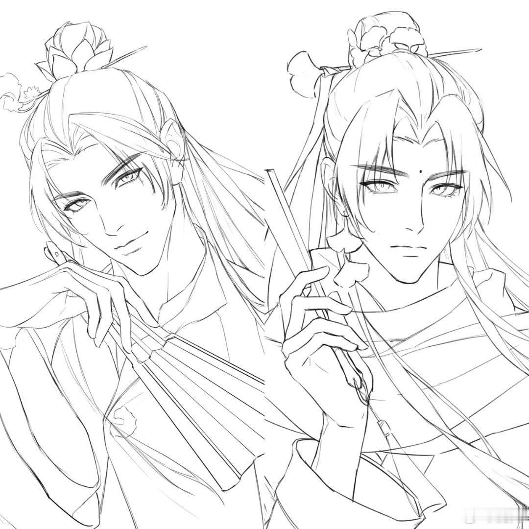 慎奚 神秘扇子男一对。是约的情头的线稿～ 