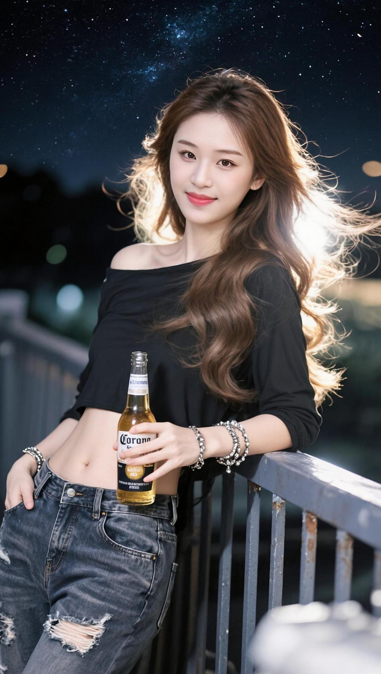 夜色如墨，星光点缀，手中的啤酒瓶反射出微光，仿佛抓住了时间的碎片。这一刻，是属于