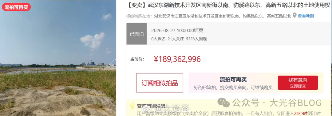 三度处置仍遇冷，光谷中心城南区 46 亩住宅地块再度流拍8 月 27 日，东湖新