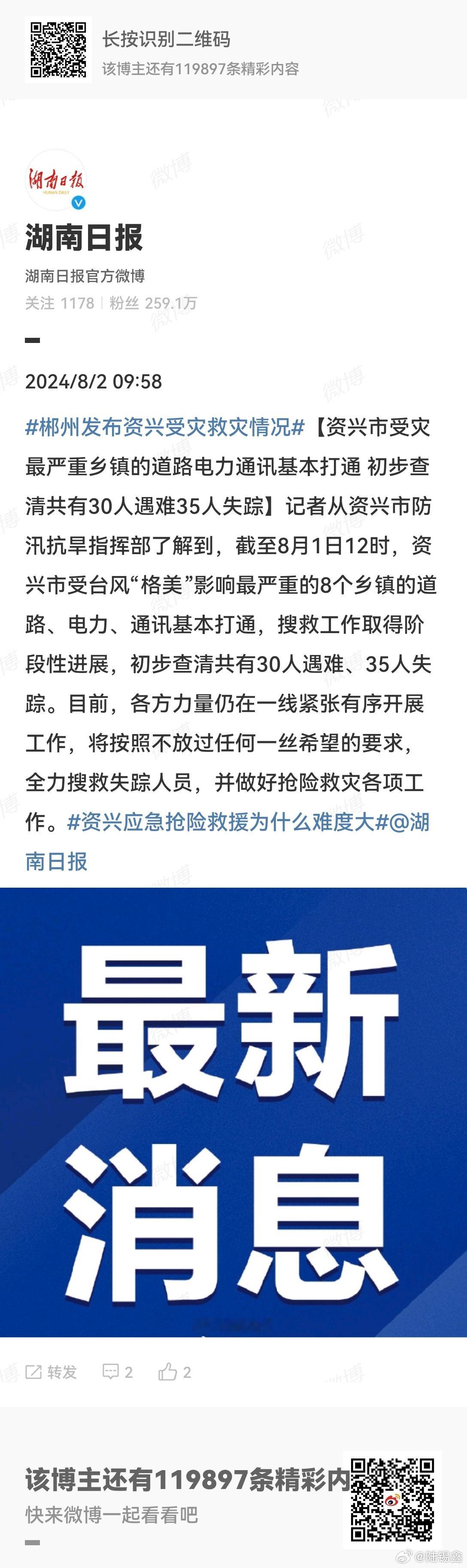 #郴州发布资兴受灾救灾情况#截至8月1日12时，资兴市受台风“格美”影响最严重的