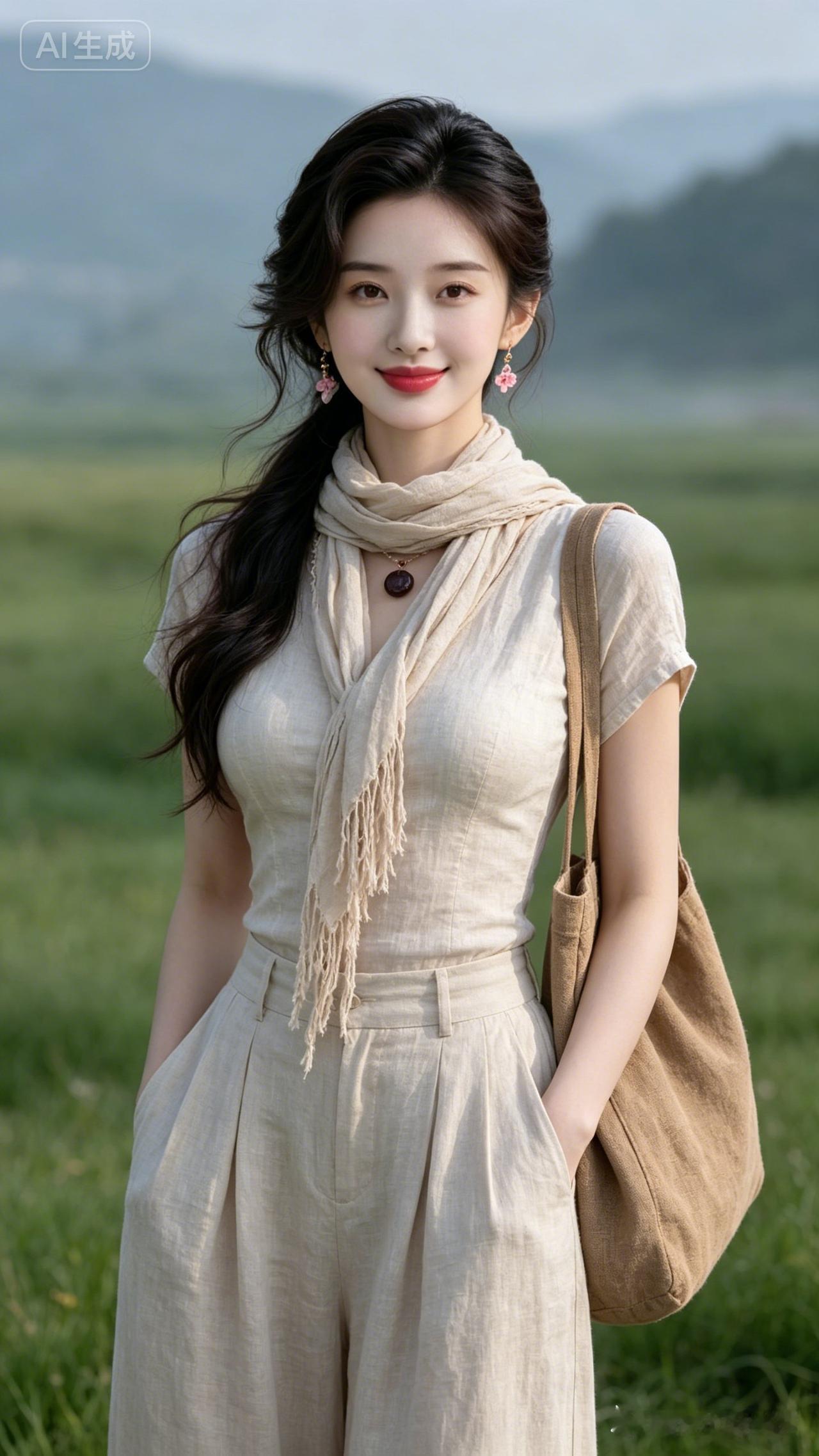 这姑娘在田野里拍写真呢！