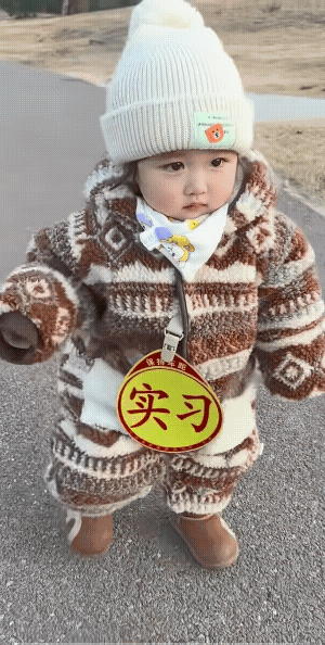 看这情况，宝贝儿的实习期快过了，可以试试单独上“高速路了”。
“实习”牌子胸前挂