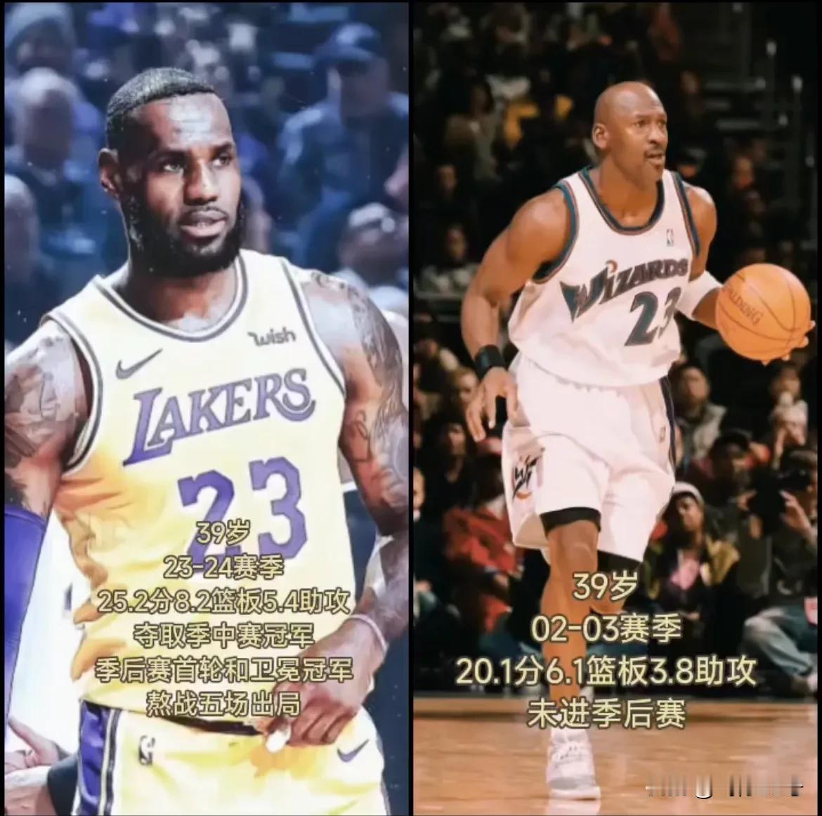 詹姆斯和乔丹，39岁数据对比！
最近网上老是有球迷拿詹姆斯跟乔丹他们俩人39岁的