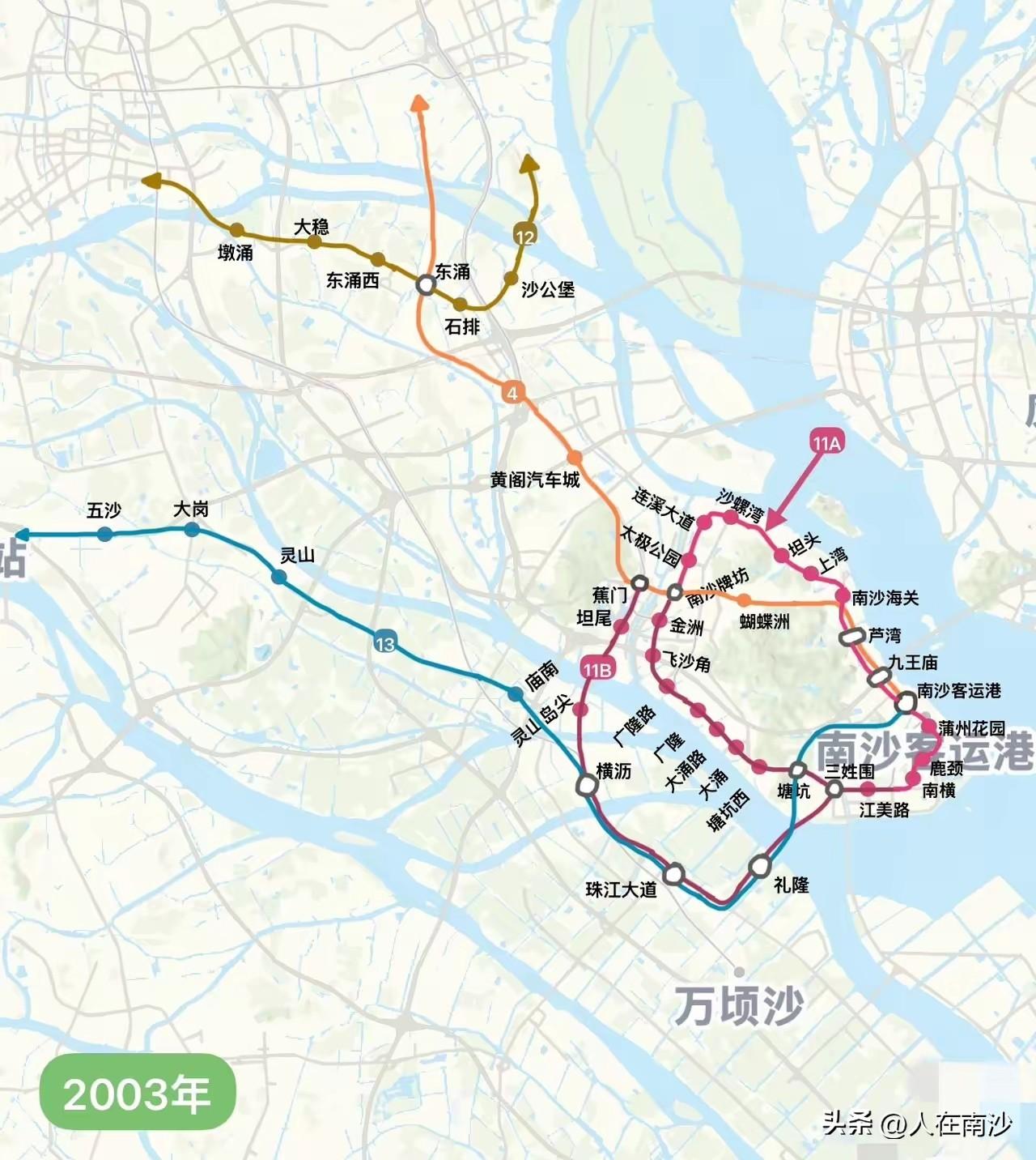 来看看南沙2003年时候的地铁规划，4号线当时定义大站风格，走东涌旧镇，黄阁，蕉