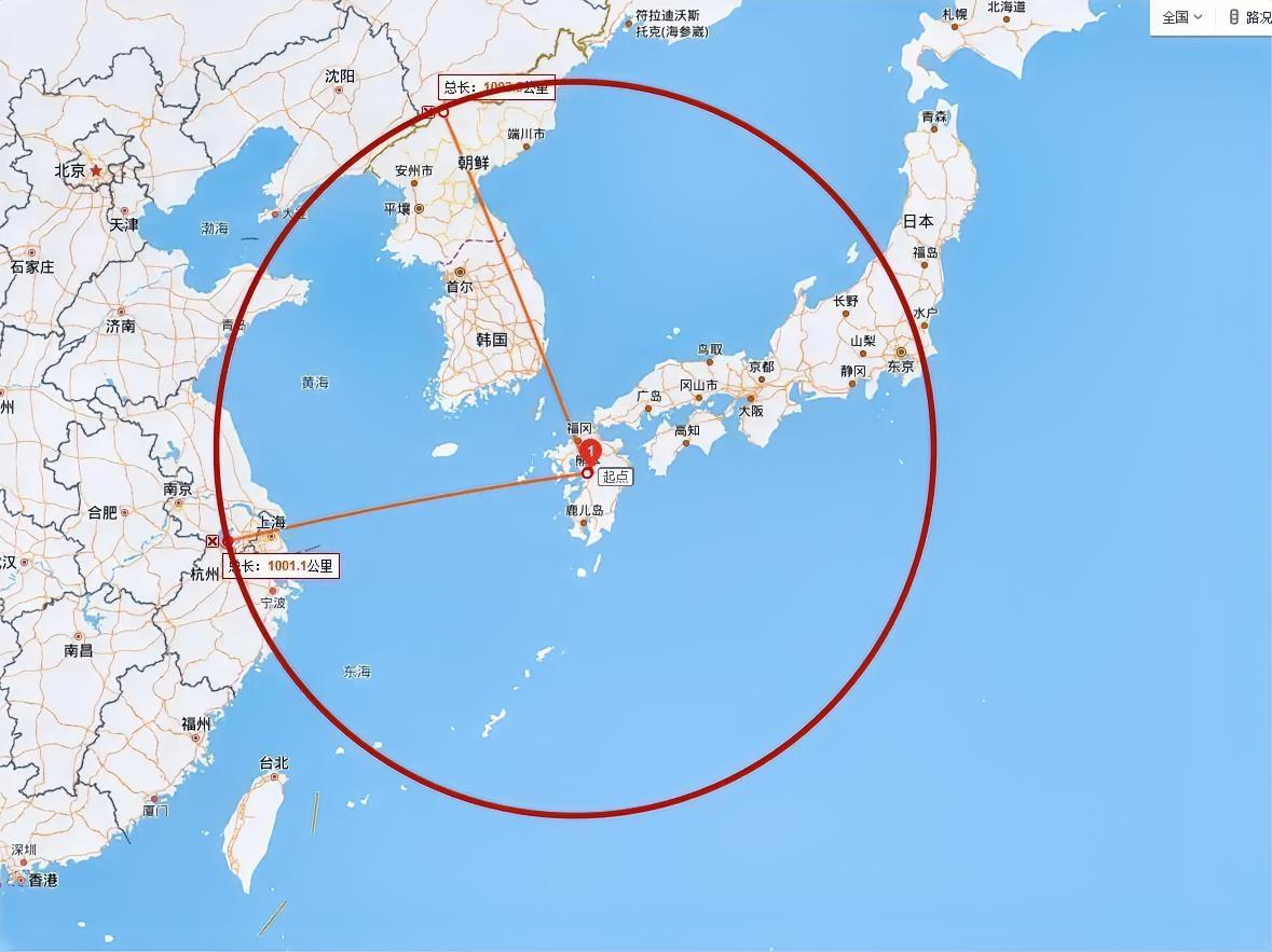 日本开始部署远程导弹了，射程1000公里，去地图截了一下，1000公里大概是这个