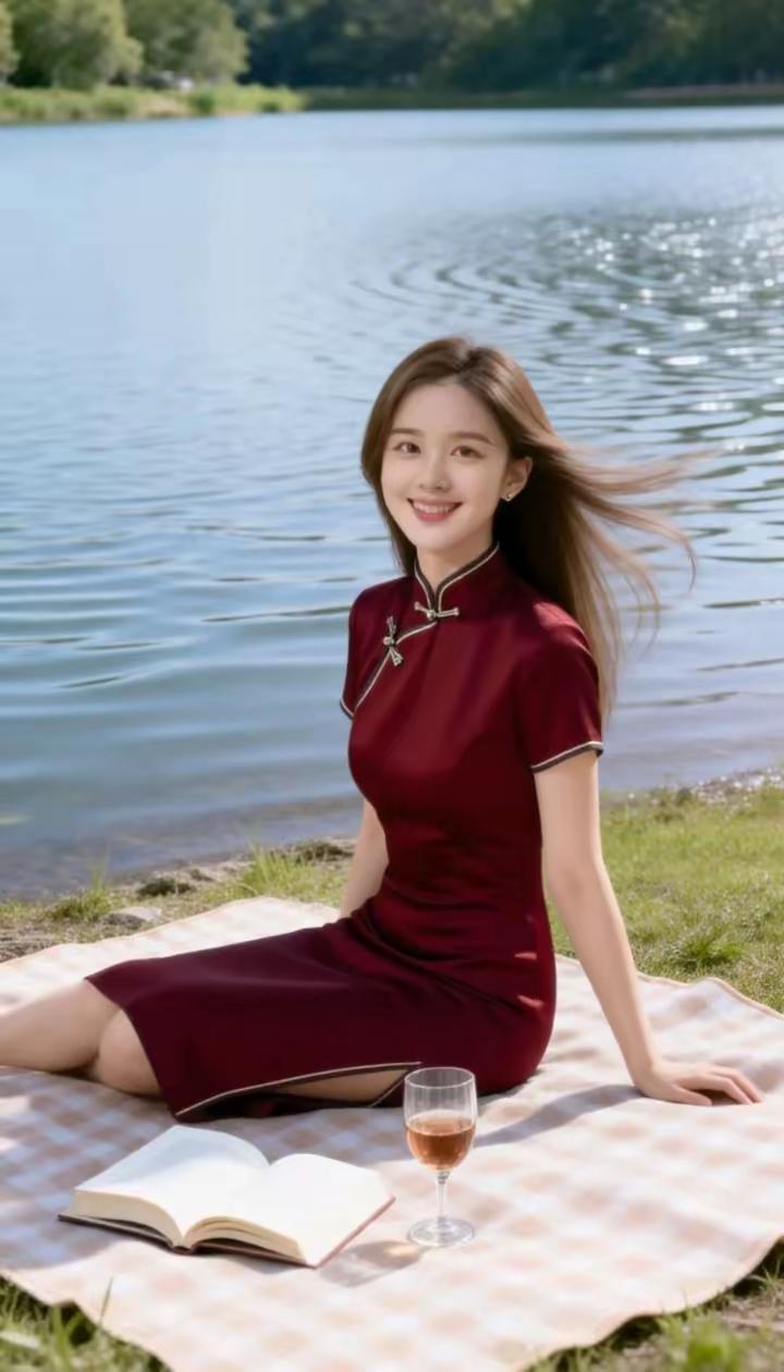 湖畔清夏
湖畔清风拂翠筠，
红裙一抹立芳滨。
书香浅伴酒香软，
静赏流年夏日春。