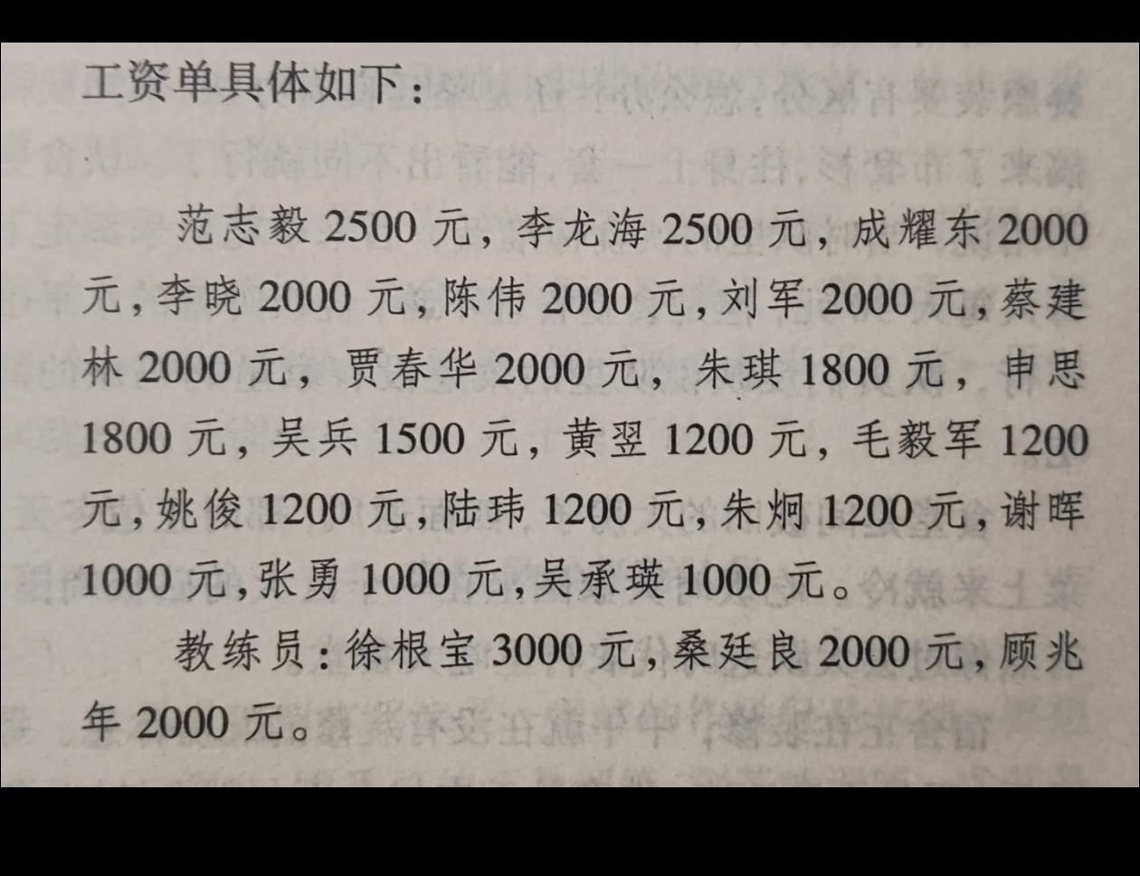 徐根宝执教申花队时队员的工资一览，徐根宝《风雨六载》节选。