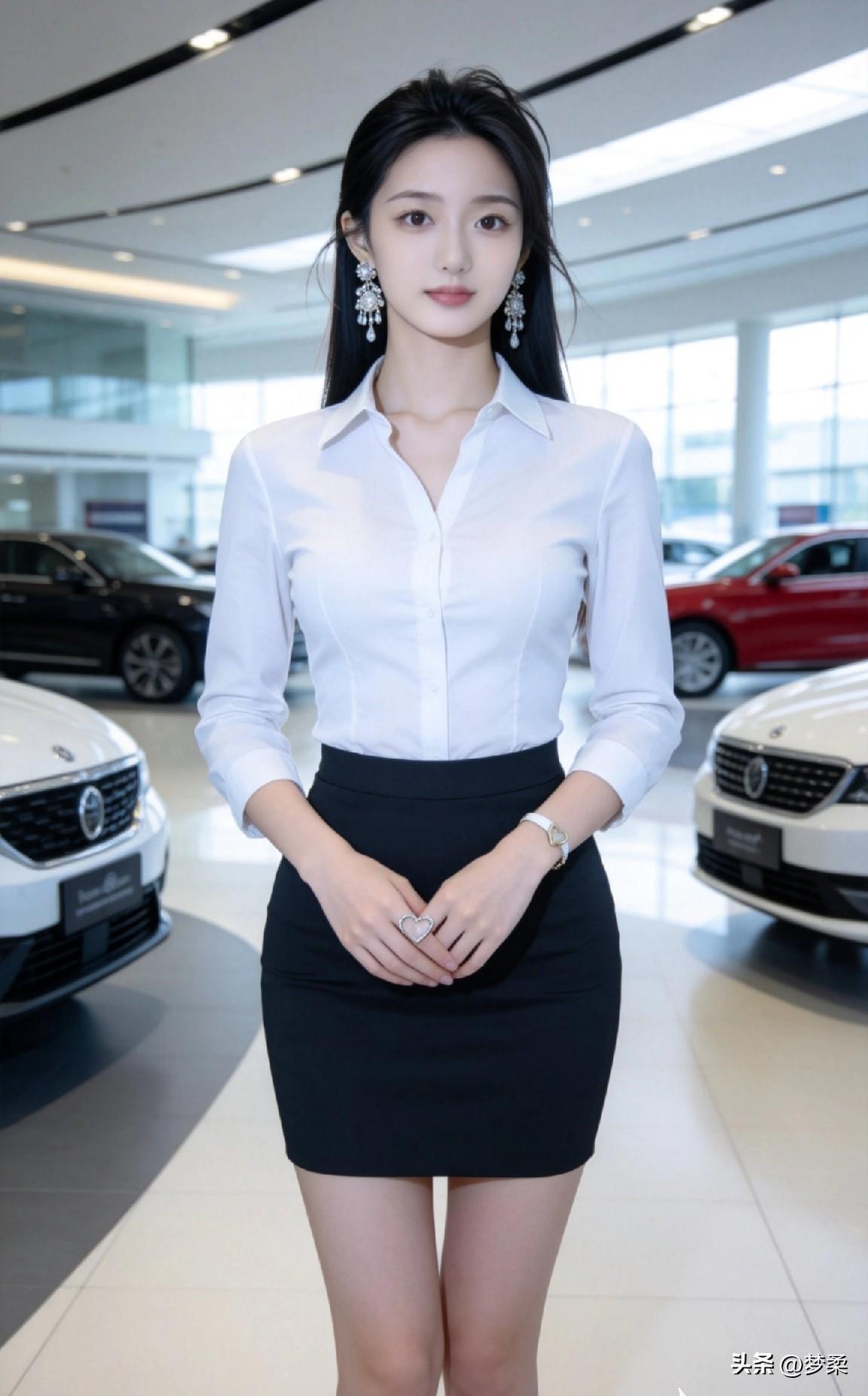 优雅车模，白衬衫黑短裙，尽显时尚魅力！💃🏻🚗