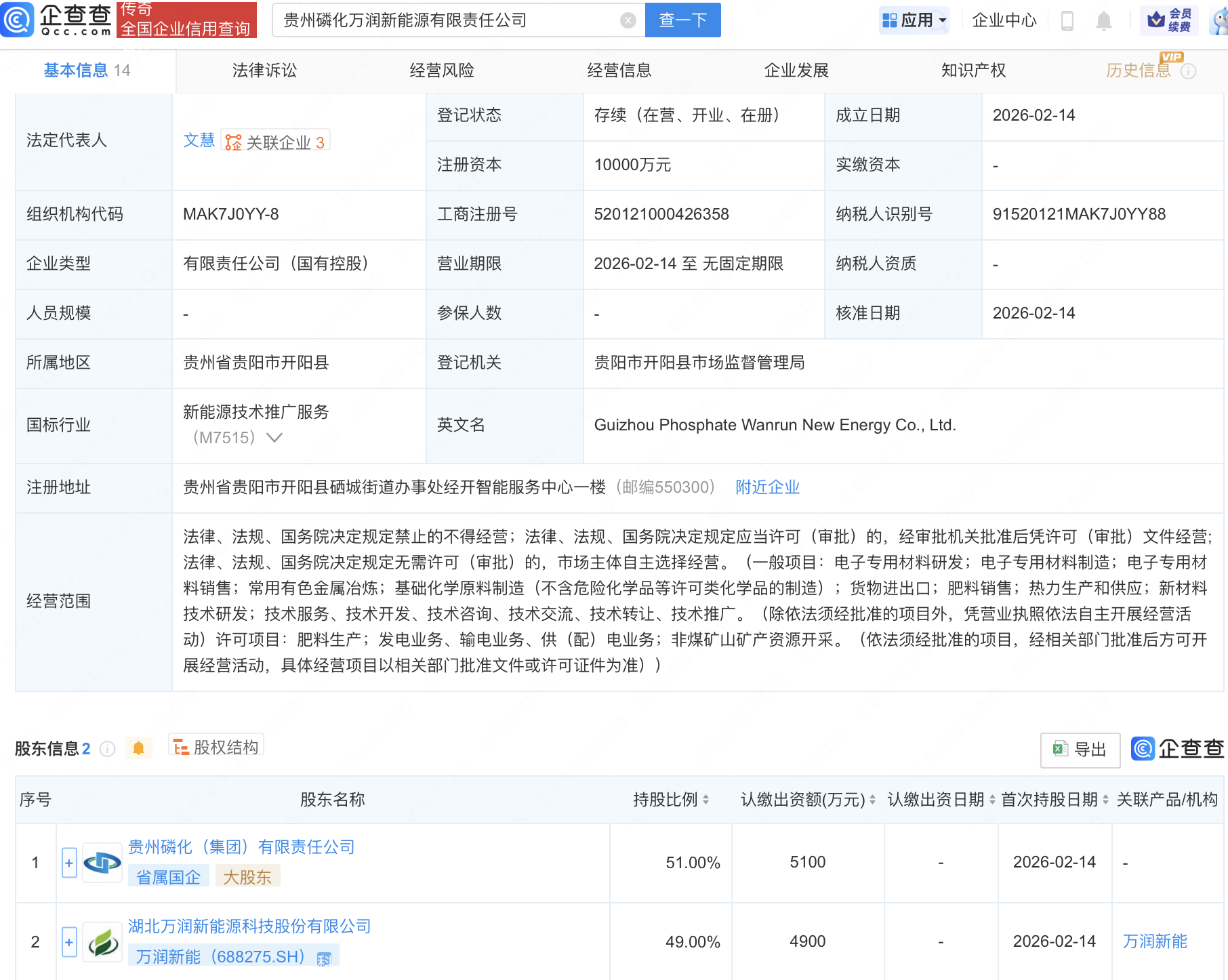 万润新能等在贵州成立新公司，含电子专用材料业务