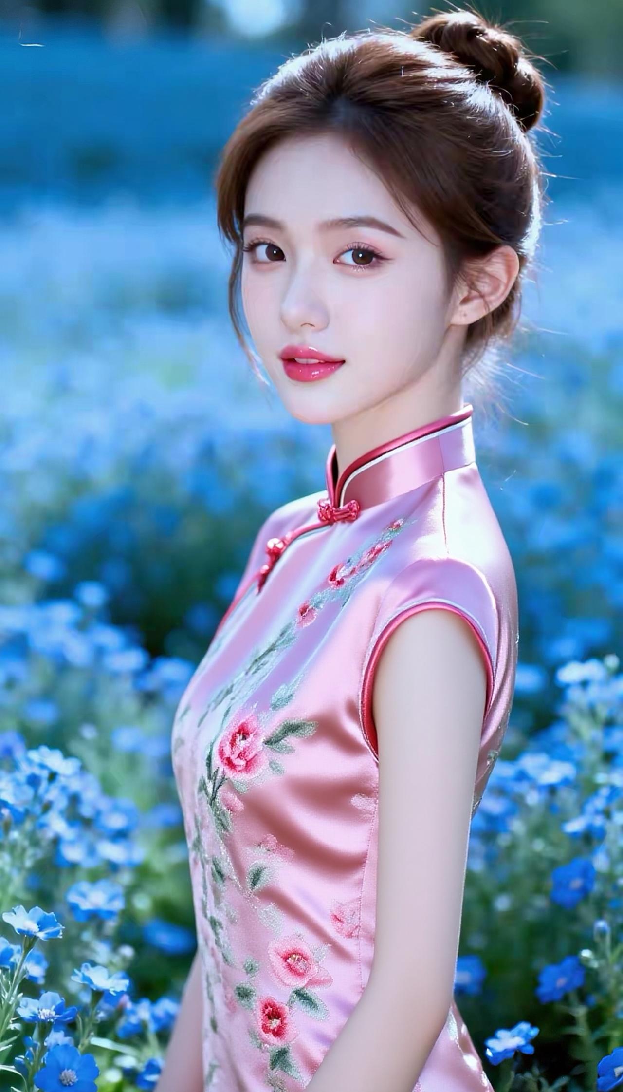 温柔国风款
一袭旗袍，一梦芳华，清浅温柔，尽是东方韵✨
蓝花映佳人，旗袍衬温婉，